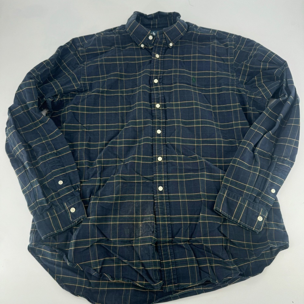 Polo Ralph Lauren Mens XL Classic Fit Plaid Button Down Shirt Navy Green Cotton